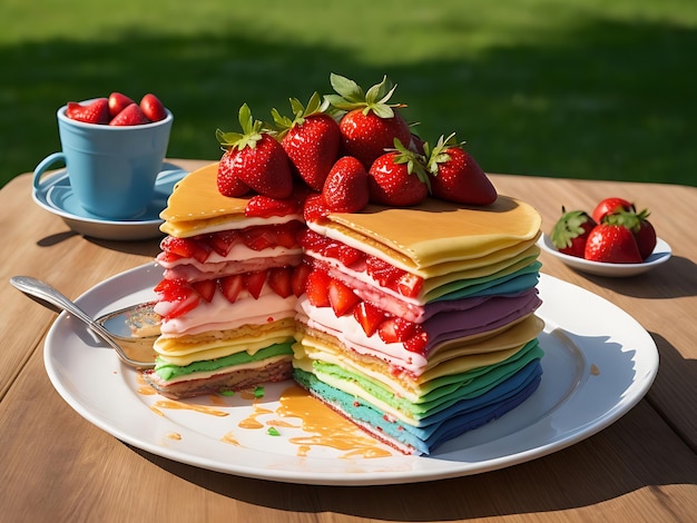 Lebendiger Regenbogen-Crêpe-Kuchen mit Erdbeermarmelade