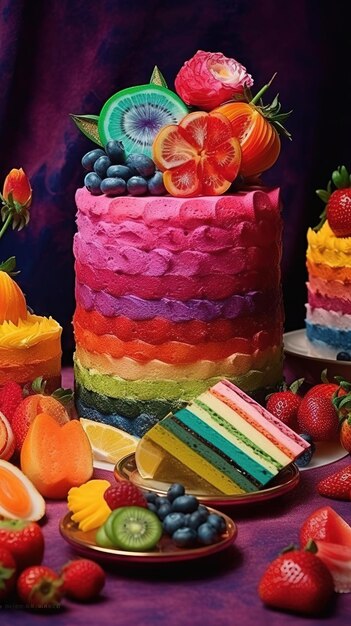 Foto lebendiger regenbogen-lagerkuchen, geschmückt mit frischen früchten