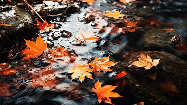 Lebendiger Regentag mit orangefarbenen Ahornblättern im herbstlichen Regenwasser. Generative KI