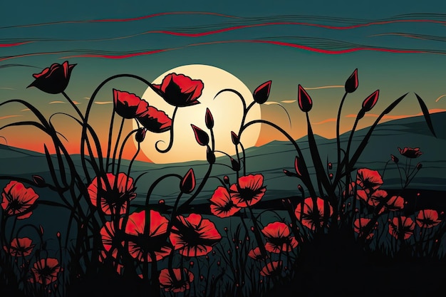Lebendiger Sonnenuntergang mit einem Feld roter Blumen im Vordergrund. Generative KI