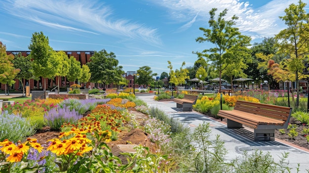 Foto lebendiger städtischer park mit blumenbeeten, die mit saisonalen blüten sprengen und eine lebhafte kulisse für picknickfeste und gemeinschaftsversammlungen bieten