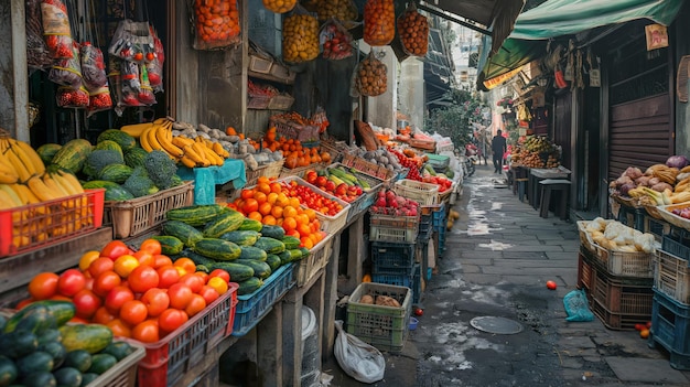 lebendiger Straßenmarkt mit buntem Obst und Gemüse