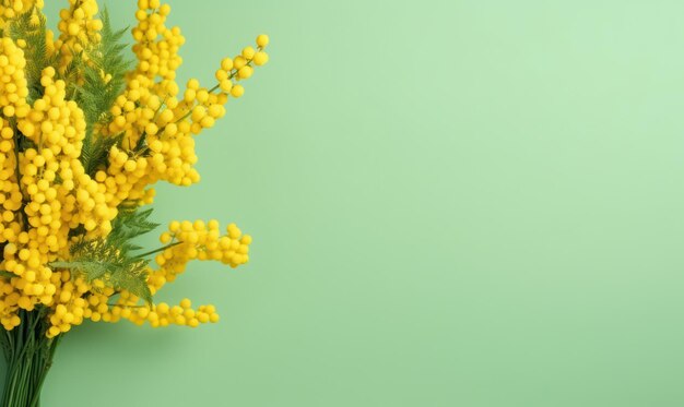 Lebendiger Strauß Mimosenblüten vor einem üppig grünen Hintergrund. Frische gelbe Blüten. Erstellt mit generativen KI-Tools