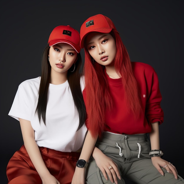 Lebendiger Street-Stil, fesselnde K-Pop-Mode mit jugendlichen Frauen in roten Baseballkappen