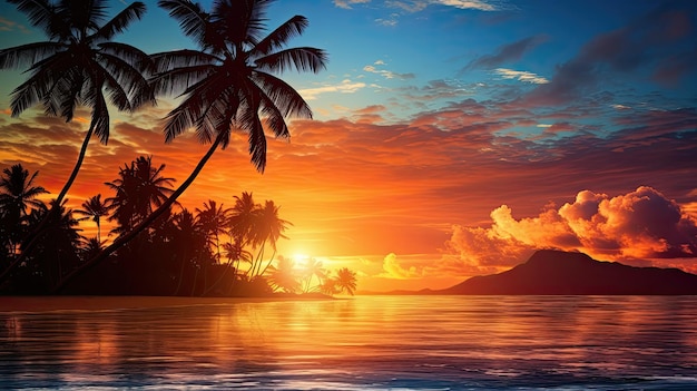 Lebendiger tropischer Inselsonnenuntergang mit goldener Reflexion auf der Palmensilhouette des Ozeans und farbenfrohem Himmel. Perfekt für einen Sommerurlaub