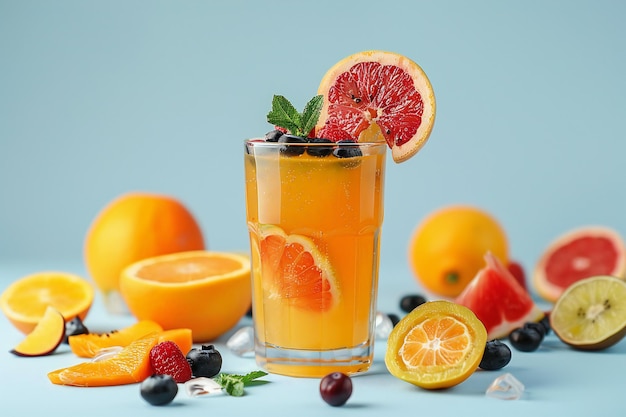 Lebendiger und nahrhafter Fruchtsaft und frischer Salat mit gemischten Früchten Beeren und Grünen