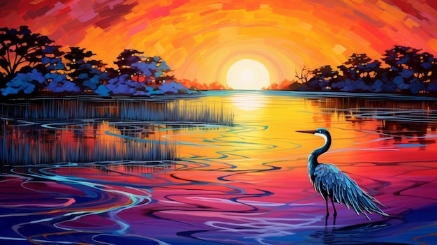 lebendiger Wasservogel, der bei Sonnenuntergang in einem bunten Teich watet