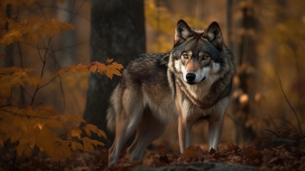 Lebendiger Wolf durchstreift farbenfrohen Herbstwald. Ein Blick auf die majestätische Jahreszeit