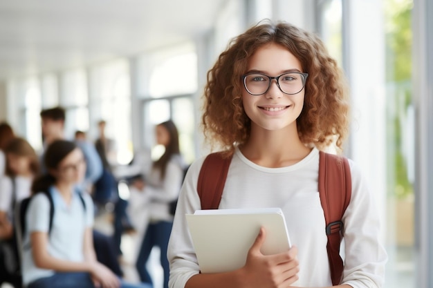 Lebendiges akademisches Reiseporträt einer positiven europäischen Teenager-Studentin mit generativer KI