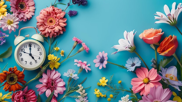 Lebendiges Blumenarrangement mit Frühjahrsthema von Wecker auf blauem Hintergrund perfekt für Einladungen und Ankündigungen KI