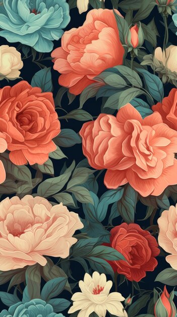 Lebendiges Blumenmuster mit üppigen und blühenden Rosen. Generative KI