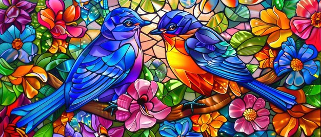 Lebendiges Buntglas Zwei Vögel inmitten farbenfroher Blumen, die lebendige Farben ausstrahlen