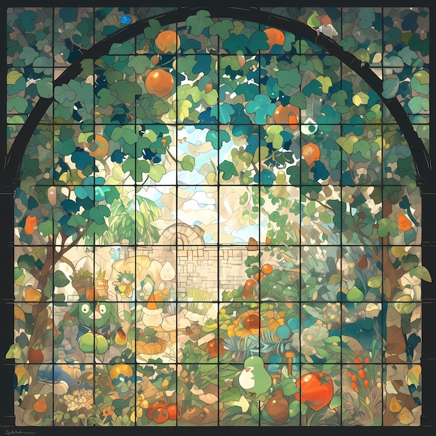 Lebendiges Buntglasfenster mit Obst- und Blumenelementen