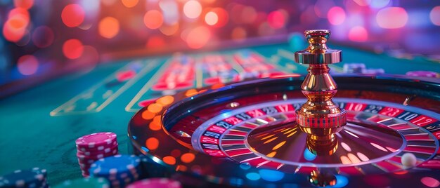 Lebendiges Casino-Thema mit Karten Roulette-Rad Poker-Chips und Token-Konzept Casino-Theme Karten roulette-Rad poker-Chips-Token Lebendige Farben