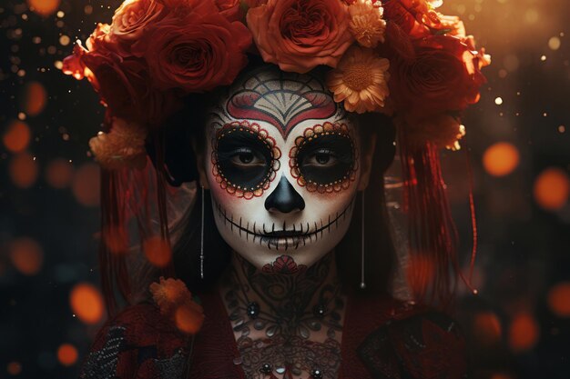 Lebendiges Catrina-Porträt zur Feier des Tages der Toten in Mexiko. Traditionelles Feiertagskonzept