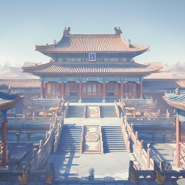 Lebendiges chinesisches Tempeläge im Sonnenlicht