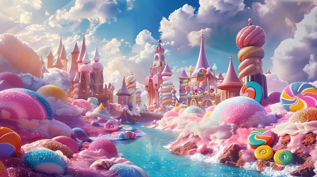 Lebendiges Fantasy-Candy-Land mit Burgen, Wolken und Flüssen, perfekt für Kinderbücher, Illustrationen und wunderbare Hintergründe, traumhafte, surreale Szenen von süßen Vergnügungen, KI.