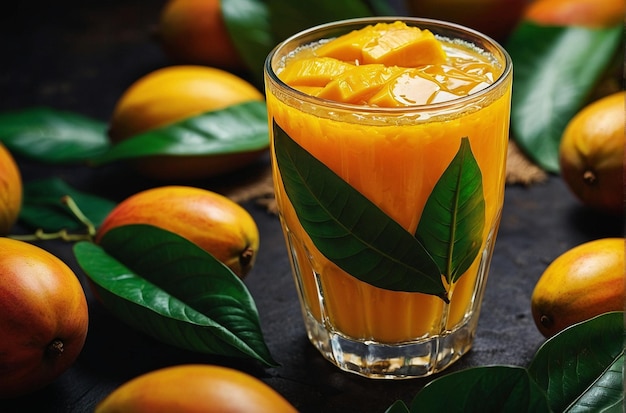 Foto lebendiges foto von mango juice glass leav