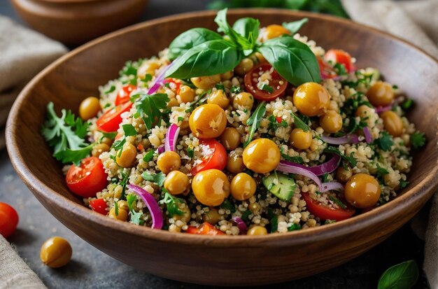 lebendiges Foto von mediterraner Kichererbsen Quinoa Sala