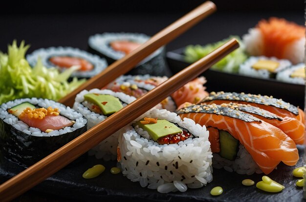 lebendiges Foto von Sushi, das mit Stöcken serviert wird