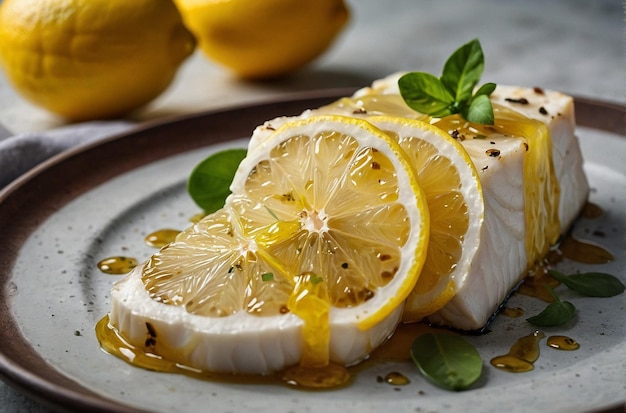 lebendiges Foto von Zitronensaft auf gebackenem Halibut