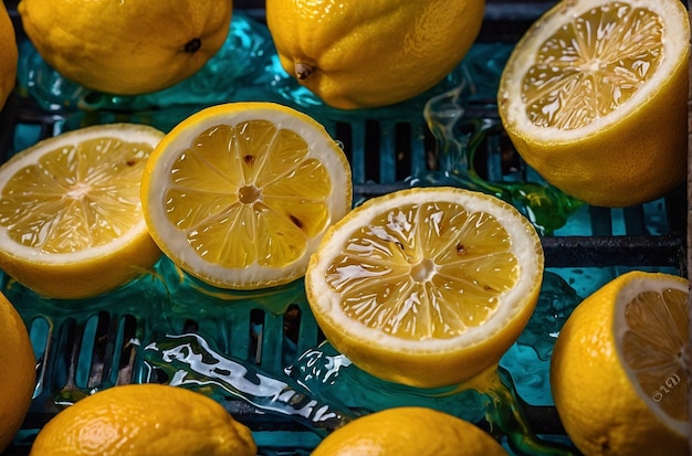 lebendiges Foto von Zitronensaft auf gegrilltem Hallum