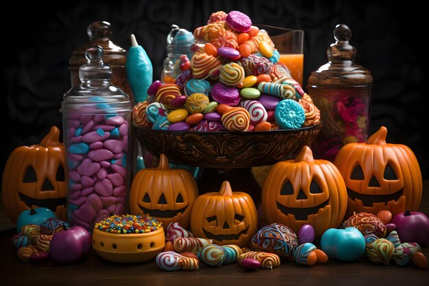 Lebendiges Halloween-Dekor. Arafly dekorierte Kürbisse und Süßigkeiten in einer Schüssel auf einem Tisch. Generative KI