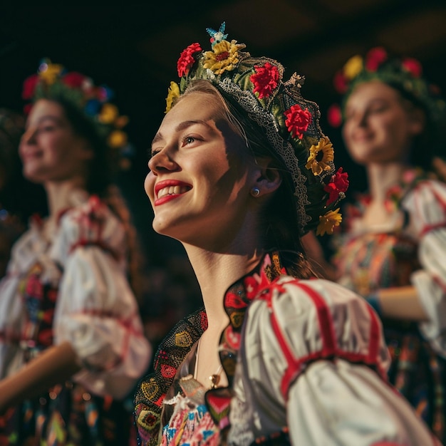 Lebendiges lettisches Volkstanzfestival Frauen in farbenfrohen Kostümen