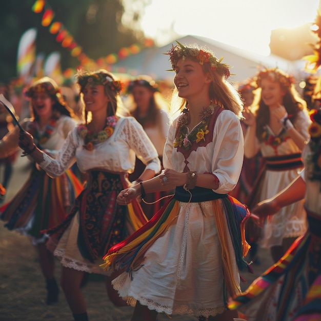 Lebendiges lettisches Volkstanzfestival Frauen in farbenfroher Kleidung