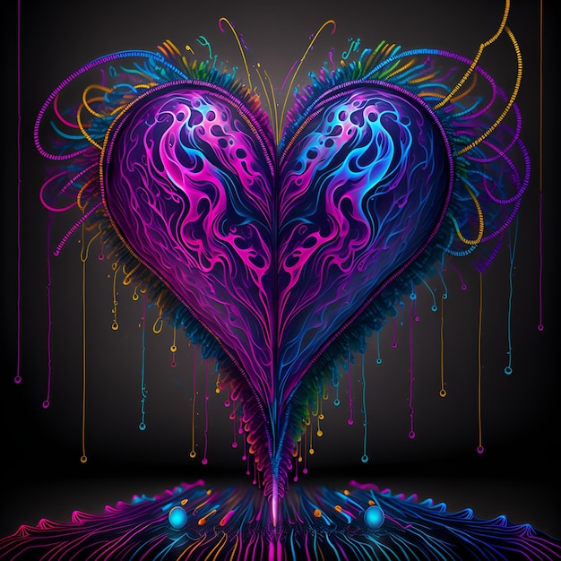 Lebendiges lila Herz mit faszinierenden blauen und rosa Wirbeln auf einem faszinierenden schwarzen Hintergrund