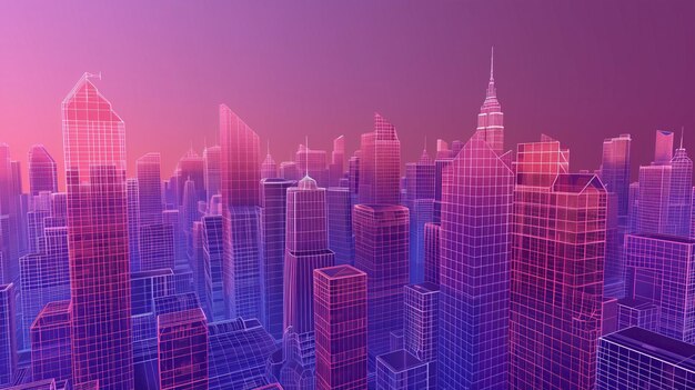 Lebendiges lila- und rosa Stadtbild mit Wolkenkratzern