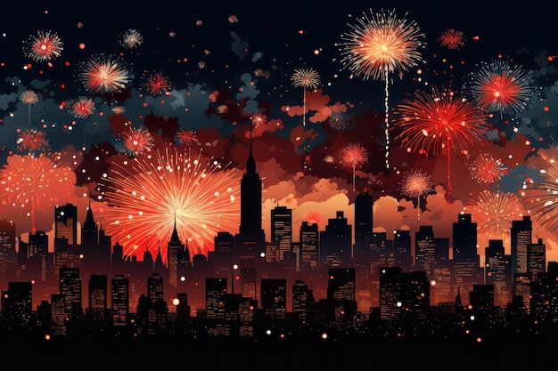 Lebendiges Neujahrsbanner mit Feuerwerk und jubelnder Menge. Generative KI