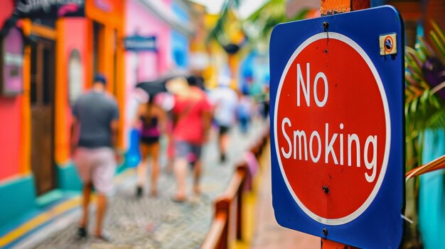 Lebendiges No Smoking-Schild auf einer bunten Straße, das eine rauchfreie Umgebung fördert