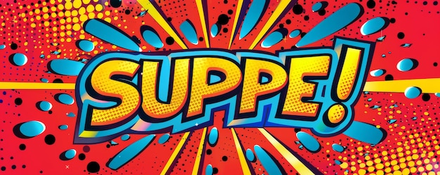 Lebendiges Pop-Art-Banner mit dem Wort SUPER in fett geschriebenem Comic-Stil