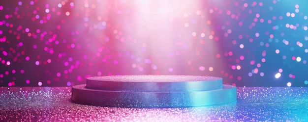 Lebendiges Pop-Art-Podium mit funkelndem Glitzer und farbenfrohem Bokeh-Hintergrund