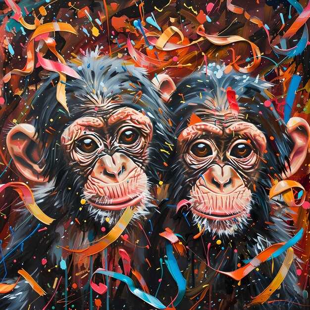 Lebendiges Schimpansen-Duo im abstrakten Kunststil zeitgenössische Graffiti-inspirierte Malerei Ideal für moderne Dekorations- und Kunstliebhaber Erstellt von künstlicher Intelligenz KI