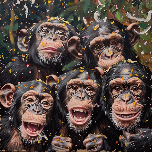 Lebendiges Schimpansenfamilieporträt mit dynamischen Ausdrücken Überraschung und Freude gefasst Farbige moderne Wildtierkunst für Dekoration KI