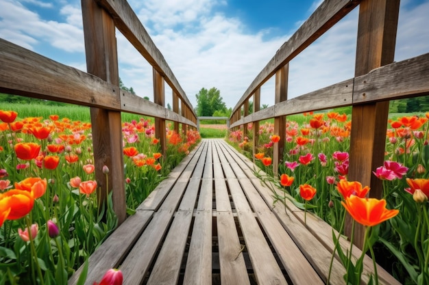 Lebendiges Tulpenfeld mit Holzbrücke im Hintergrund, erstellt mit generativer KI