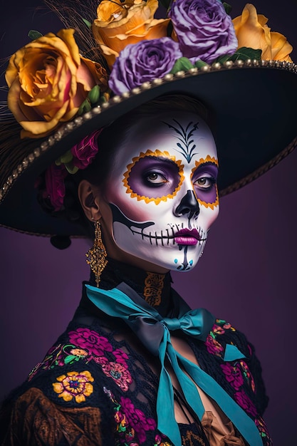 Lebendiges und farbenfrohes Day of the Dead-Make-up auf einer atemberaubenden Frau Generative AI