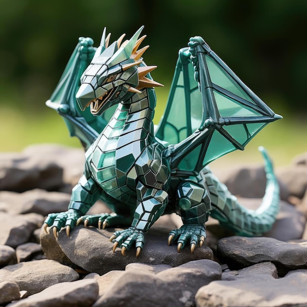 Lebensechter Origami-Drache auf einem Felsen