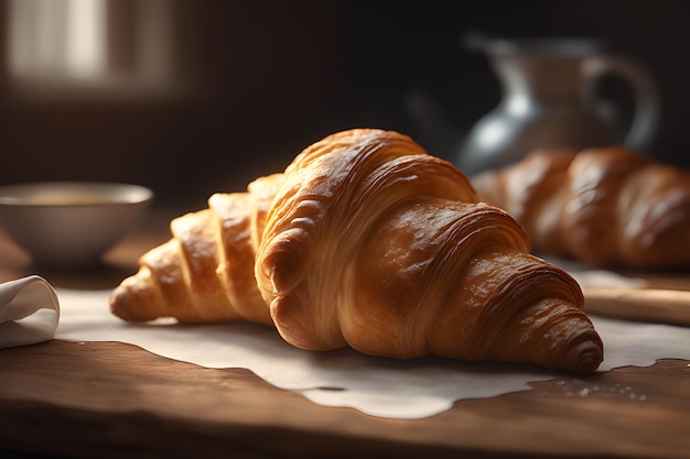 Lebensmittel Bäckerei backen Frühstück Fotografie Hintergrund Französisches Croissant auf Holztisch