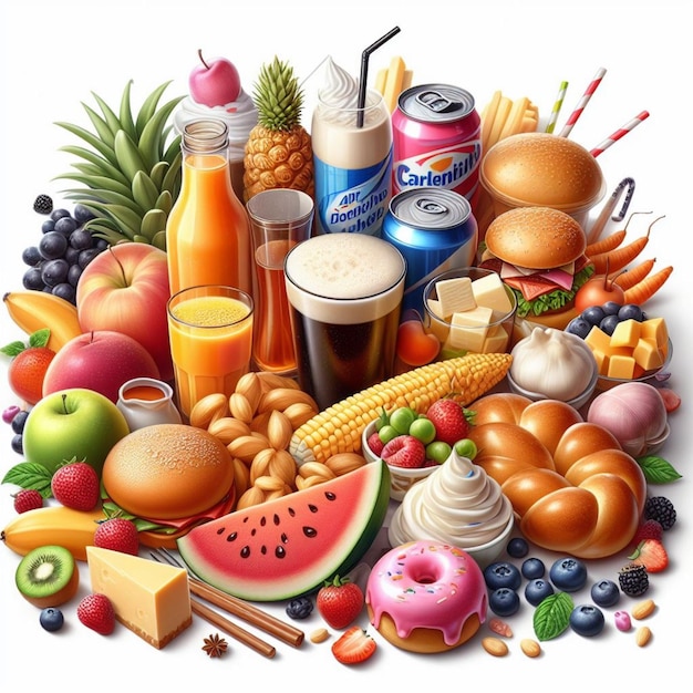 Lebensmittel, Getränke, Obst, Gemüse, Desserts, Leckereien und Getränken, Illustrationen