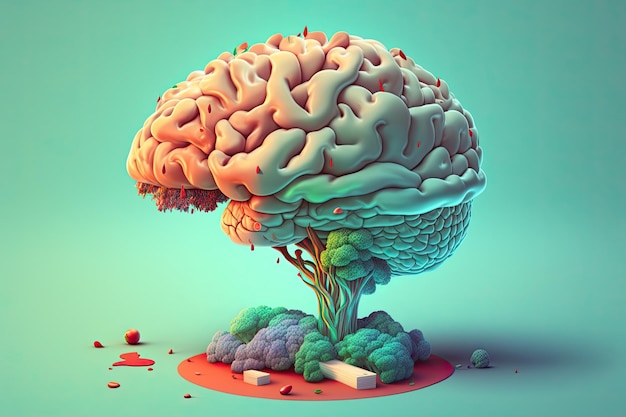 Lebensmittel in Form eines Gehirns auf blauem Hintergrund Ernährungskonzept Generative KI