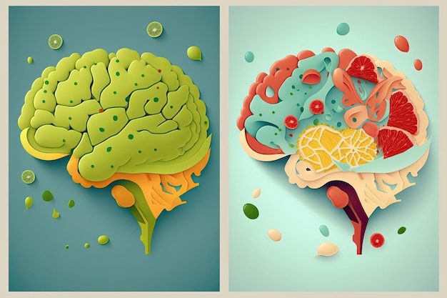 Lebensmittel in Form eines Gehirns auf blauem Hintergrund Ernährungskonzept Generative KI