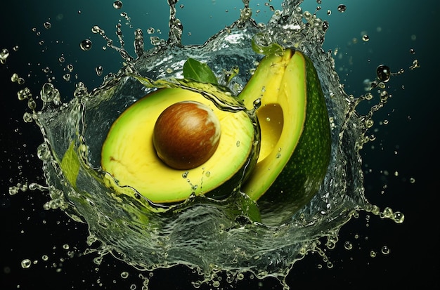 Lebensmittel Obstgrün isolierte frische Avocado und grüne Blätter spritzen Wasser