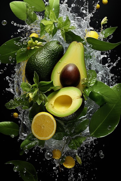 Lebensmittel Obstgrün isolierte frische Avocado und grüne Blätter spritzen Wasser