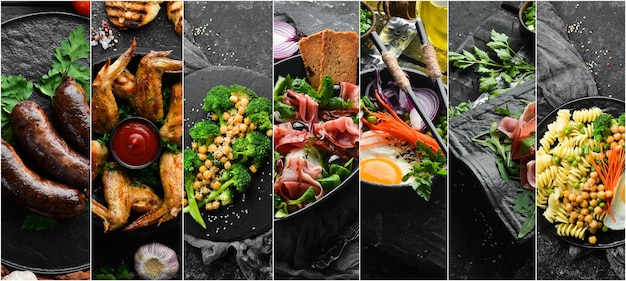 Lebensmittelcollage Gerichte aus Fleisch und Fisch und Gemüse auf schwarzem Steinhintergrund