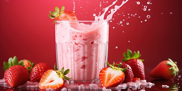 Lebensmittelfotografie Hintergrundquadrat Gesundes Erdbeer-Smoothie-Milkshake mit Spritzen in Glas mit Erdbeeren Früchte auf rosa Tisch