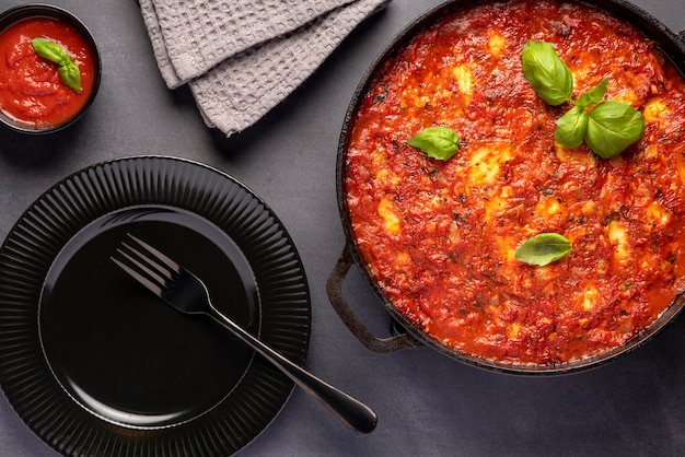 Lebensmittelfotografie von geschmorter Zucchini mit Tomaten