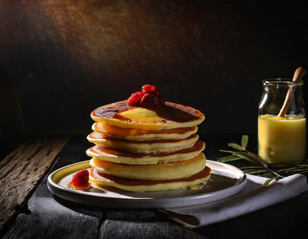 Lebensmittelfotografie von Pfannkuchen, die an einem Tisch mit kühler Beleuchtung serviert werden